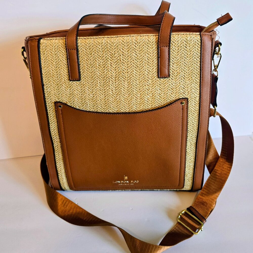 London Fog Large Woven Tote Crossbody Bag w/Pockets Brown/Tan Excellent Cond
